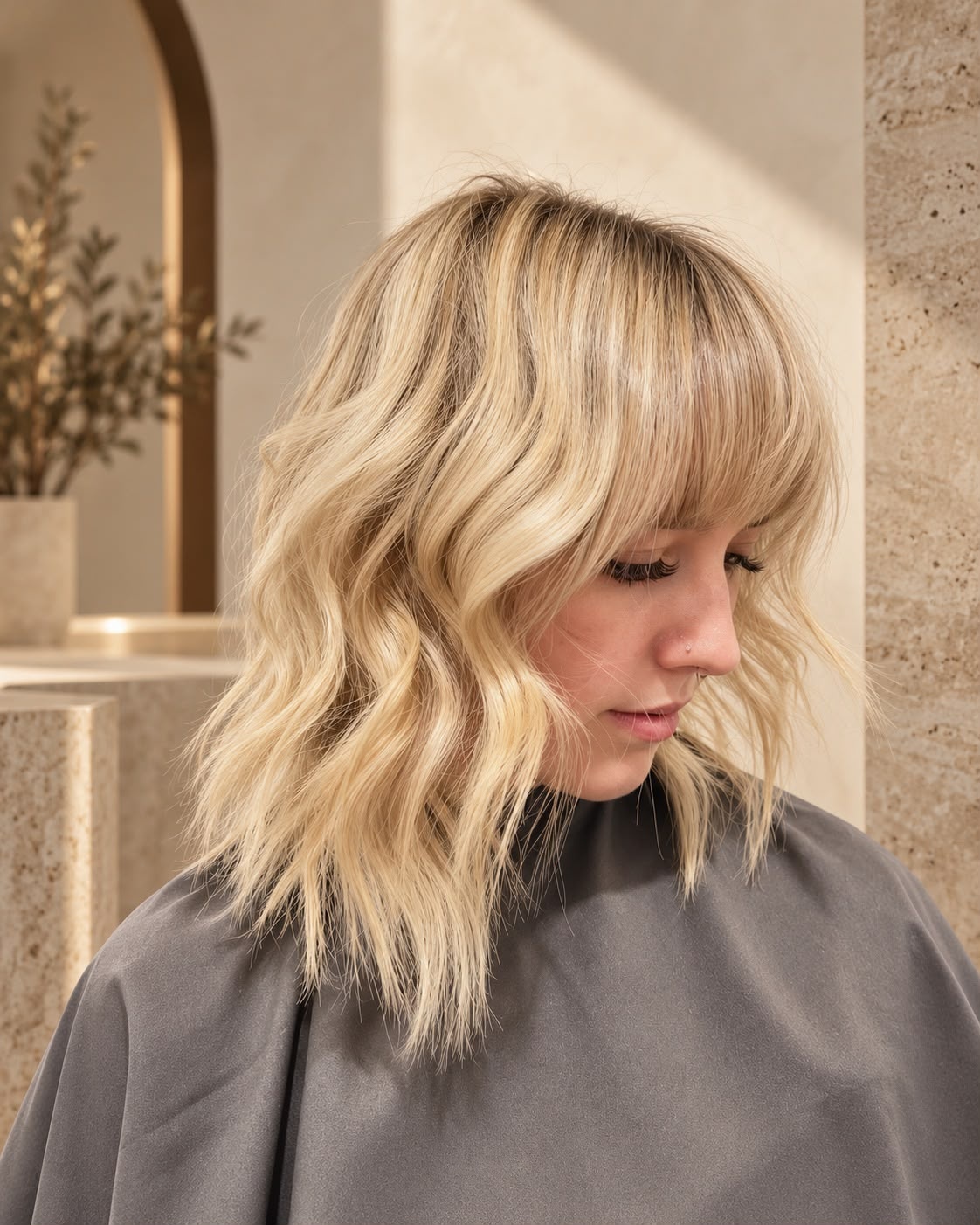 Blonde textured lob with fringe