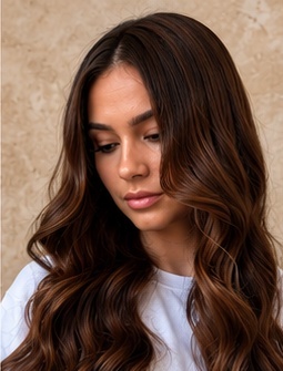 Warm brunette waves with caramel balayage