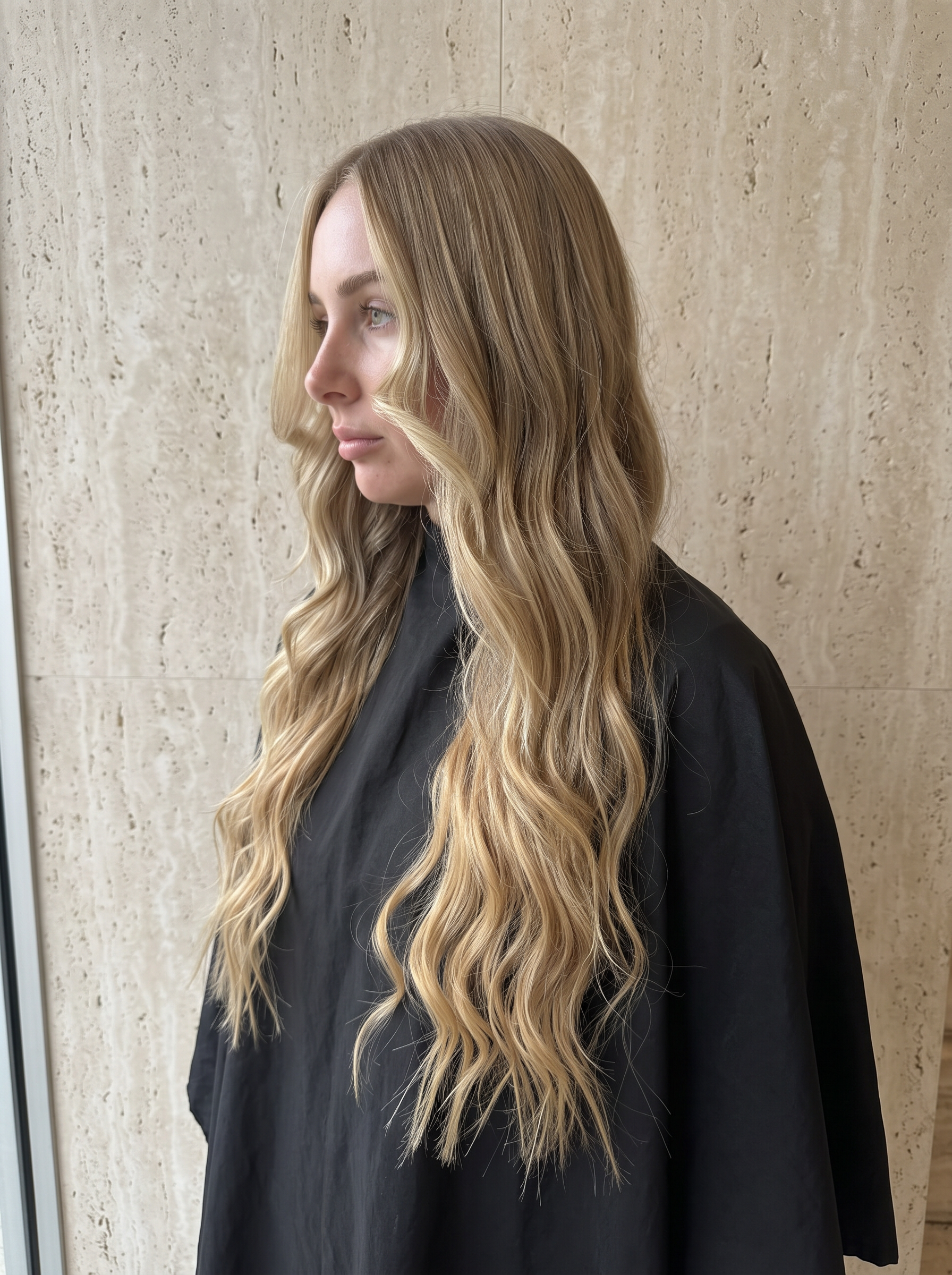 Blonde waves in profile against beige stone